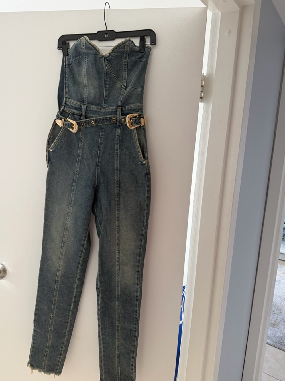 Retrofete Strapless Dark Blue Denim Jumpsuit with Belt